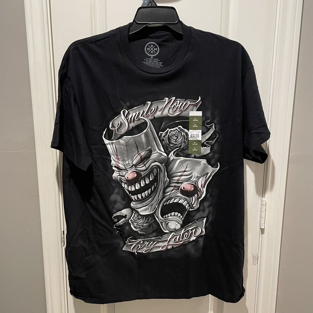 Mens Graphic Shirt Black Size XL NEW SMILE NOW CRY LATER LOWRIDER Clown Mask Art